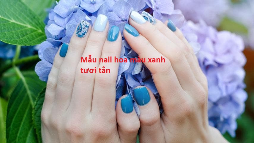 mẫu nail hoa màu xanh đẹp